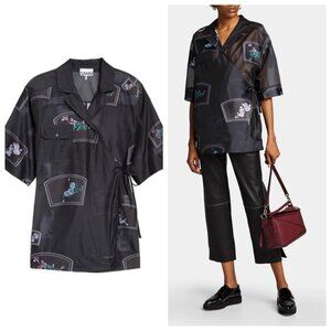 NWOT$275 GANNI Floral-embroidered Organza Wrap Shirt In Black
